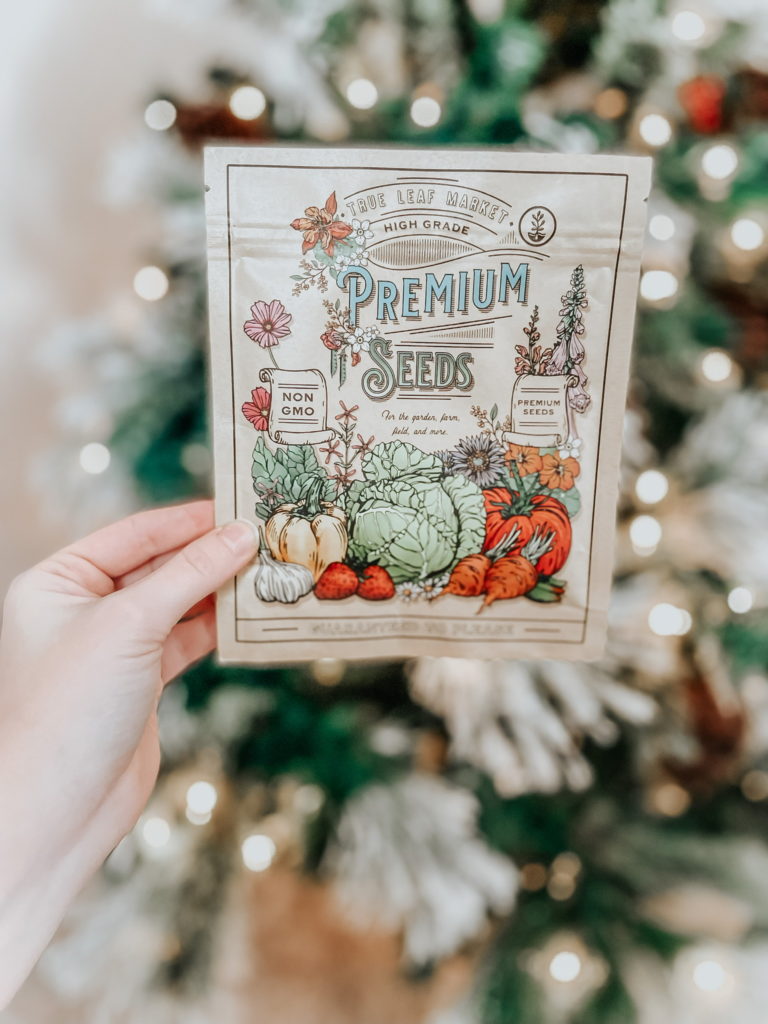 true leaf market seeds package with a christmas tree in the background