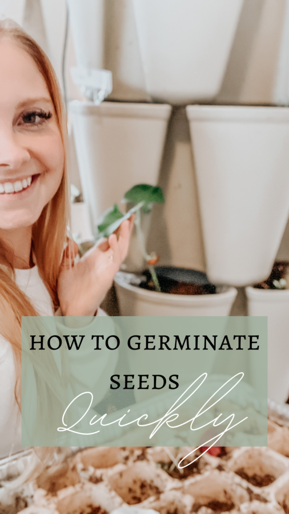 kiersten zile holding brown seed trays along with a plant that just germinated in the greenstalk garden vertical tower